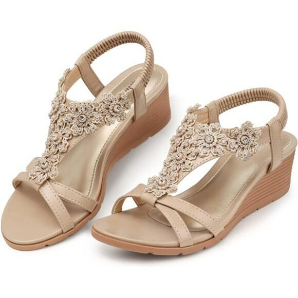 Womens Wedge Sandals Open Toe Platform Floral Rhinestone Dress Shoes Summer - Picture 6 of 7